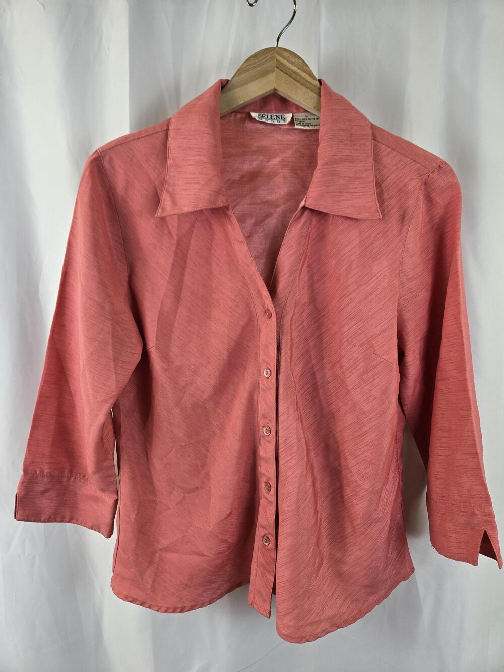 Selene Sport Shirt Womens Large Pink 3/4 Sleeve Button Front Collared Blouse Top